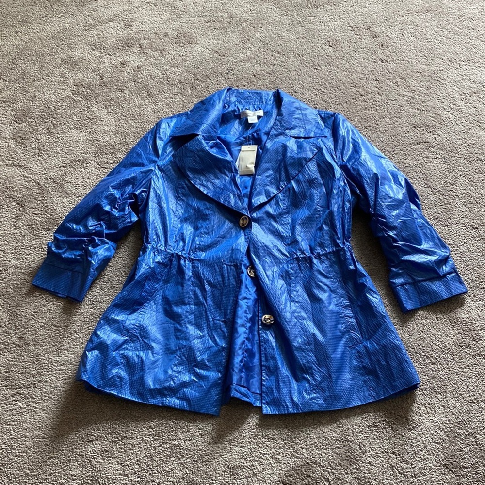 Christopher & Banks Grid Blue Lightweight Button Front Trench Jacket SIZE L